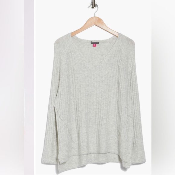 Vince Camuto Women's V-Neck Ribbed Sweater Lightweight Heather Gray - Picture 5 of 16